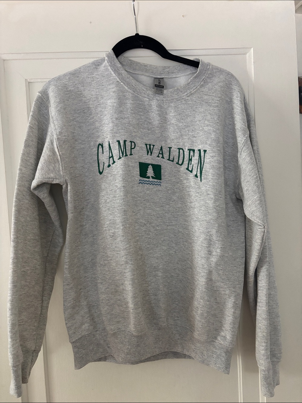 Gildan Gray Crewneck Sweatshirt with Green Camp Walden Logo